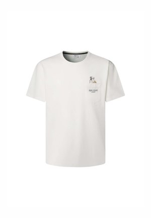 Baltos medvilnės marškinėliai su apvaliu kaklu, su buldogo iliustracija ant kišenės ir tekstu "Pepe Jeans London" po ja.