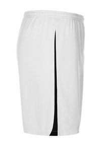 Weiße sportliche Shorts aus leichtem Material mit seitlichen Netzpaneelen, versehen mit einem schwarzen Streifen an der Seite und einem elastischen Bund.