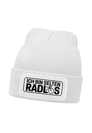 White knitted beanie with a folded cuff. Features a rectangular black patch with white text: "ICH BIN SELTEN RADLOS" and a bicycle icon.