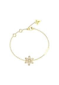 Gouden armband met een bloemenbedeltje versierd met talrijke heldere kristallen, verbonden door een delicaat schakeltje met een kreeftsluiter en merklabel.