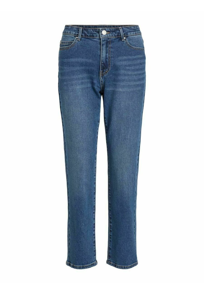Jeans en denim bleu foncé avec une coupe droite, dotés de poches avant, passants de ceinture et d'une fermeture à bouton. Texture lisse avec une décoloration minimale.