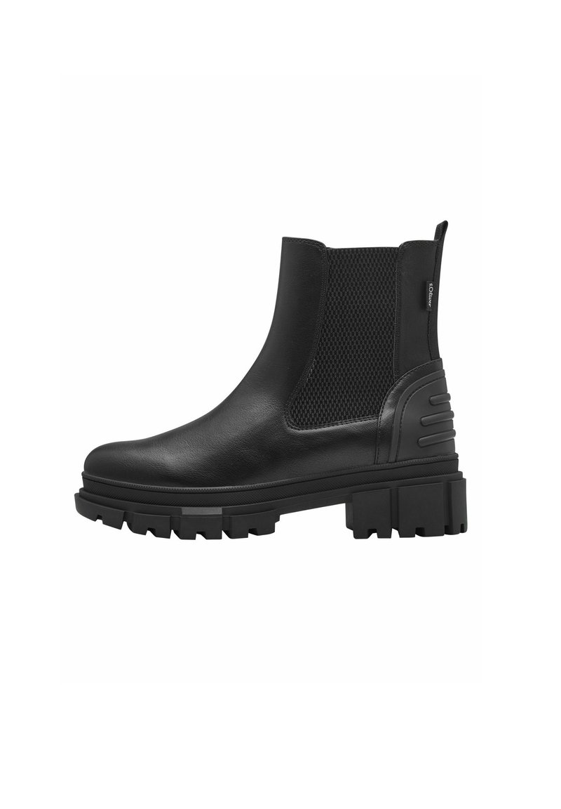Bottines noires avec une tige en cuir lisse, des panneaux latéraux en maille et une semelle en caoutchouc épaisse avec des crampons prononcés pour une meilleure adhérence.