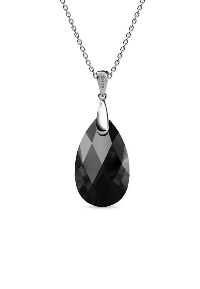 Pendentif goutte en cristal noir à facettes sur une chaîne en métal argenté, avec un anneau en métal poli et une surface lisse et réfléchissante.