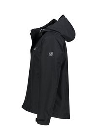 Czarna wodoodporna kurtka z kapturem, z zapięciem na zamek, elastycznymi mankietami i detalem z logo na lewym rękawie. Gładka tekstura, lekka konstrukcja.