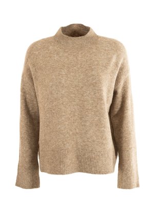 Camelkleurige oversized trui met een hoge hals, ribbelmanchetten en -zoom. Gemaakt van zacht, gestructureerd materiaal met een ontspannen pasvorm.