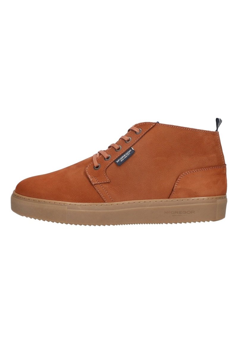 Tan suede high-top sneaker with a textured finish, round laces, a rubber sole, and a branded tag on the side. Features a contrasting heel tab.