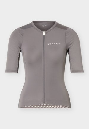 Rövid ujjú szürke kerékpáros mez elöl cipzárral, texturált ujjakkal és "Isadore" logóval a bal mellrészen.