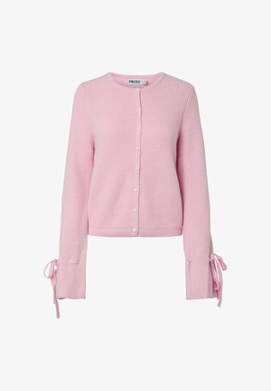 Light pink ribbed cardigan featuring a round neckline, front button closure, and tie accents at the cuffs. Soft knit texture.