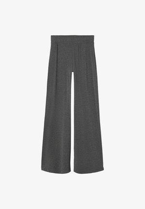 Pantalon gris à jambes larges en tissu doux et texturé. Il présente une taille élastique et une silhouette ample et fluide.