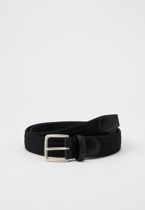 Ceinture noire tissée avec boucle rectangulaire argentée et extrémités en cuir noir enroulées sur fond blanc.