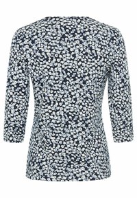 Dunkelblaues Oberteil mit floralem Muster in Hellblau und Weiß. Verfügt über einen Rundhalsausschnitt und drei Viertel lange Ärmel. Glatte Stofftextur.