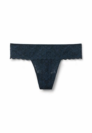 Spitzen-Tanga in Dunkelblau mit floralen Mustern, gewellten Kanten und einer zarten, transparenten Textur. Bietet ein Design mit minimaler Abdeckung.