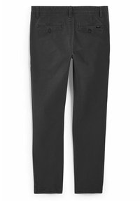 Pantalon noir à jambes droites avec passants pour ceinture et deux poches arrière à boutons, présenté à plat vu de dos.