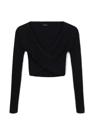 Top lungo a maniche corte nero a coste con scollatura a V profonda e design incrociato nella parte anteriore. Il materiale sembra morbido con una finitura testurizzata.