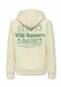 Kremna kapuca s zelenim natpisom "Wild Runners Trail Club" i tri ilustracije trčećih pataka na poleđini.