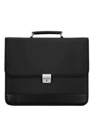 Black briefcase made of textured fabric with a smooth leather base. Features a silver clasp and a top handle for carrying.