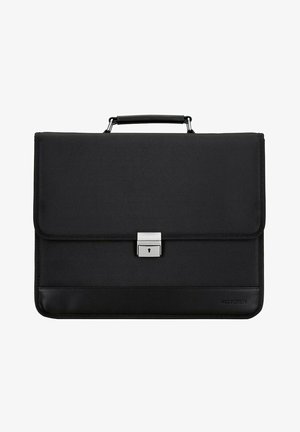 Black briefcase made of textured fabric with a smooth leather base. Features a silver clasp and a top handle for carrying.