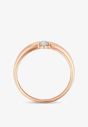 Ring aus roségoldenem Band mit einem kleinen runden Diamanten, der in einer minimalistischen Zargenfassung oben in der Mitte sitzt.