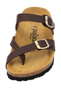 Brown leather sandal with two adjustable straps, metal buckles, a soft suede footbed, and a textured rubber sole. Size 37.