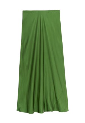 Gonna verde, lunga fino al ginocchio, realizzata in un tessuto liscio con una silhouette fluida e un orlo curvo. Presenta pieghe in vita per una maggiore dimensione.