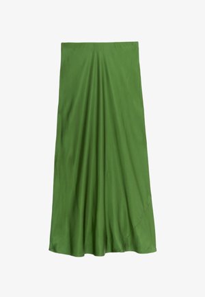 Grünen, knielangen Rock aus glattem Stoff mit fließender Silhouette und abgerundetem Saum. Verfügt über Falten an der Taille für zusätzliche Dimension.