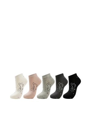Fünf Knöchelsocken in Weiß, Pink, Grau, Dunkelgrau und Schwarz, jeweils mit kleinem Hasengesicht und gepunktetem Muster.