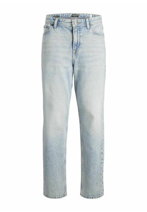 Light blue denim jeans with a straight leg, high waist, and classic five-pocket design. Features a zip fly and a subtle faded texture.