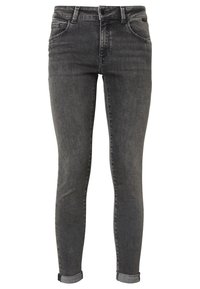 Jean slim gris foncé avec poches avant, fermeture par boutons et ourlets retroussés, présenté sur un fond blanc.