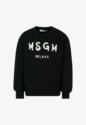 Zwarte sweatshirt met ronde hals, voorzien van witte graffiti-stijl tekst "MSGM" en "MILANO" die opvallend op de voorkant is gedrukt.