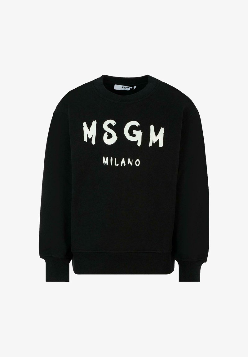 Czarny sweatshirt z okrągłym dekoltem, na którym z przodu w widocznym miejscu widnieje białym sprayem napis "MSGM" oraz "MILANO".