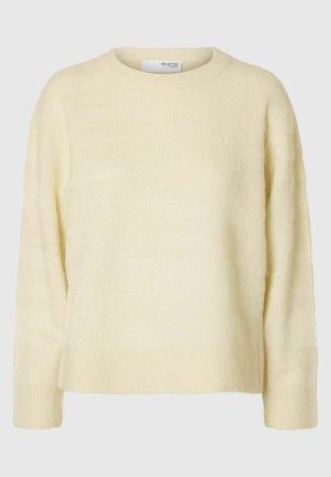 Hellbeiger gestrickter Pullover mit Rundhalsausschnitt, langen Ärmeln und einem weichen, strukturierten Finish mit dezenten horizontalen Streifen.