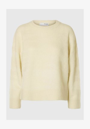 Hellbeiger gestrickter Pullover mit Rundhalsausschnitt, langen Ärmeln und einem weichen, strukturierten Finish mit dezenten horizontalen Streifen.
