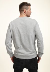 Sudadera gris de cuello redondo con mangas largas, confeccionada en material suave. Presenta puños y dobladillo de canalé. La vista trasera muestra un diseño liso y sencillo.