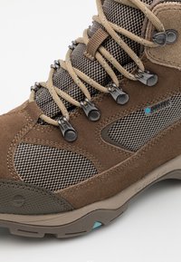 Brązowe i czarne buty trekkingowe z beżowymi sznurowadłami, metalowymi hakami do sznurowania, siateczkowymi panelami oraz etykietą DRi-TEC o wodoodporności na boku.