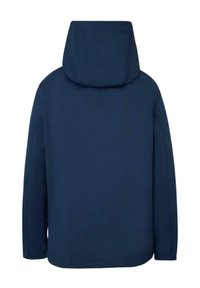 Chaqueta con capucha azul marino de textura suave, mangas largas y bajo recto; presenta un diseño minimalista sin logotipos visibles.
