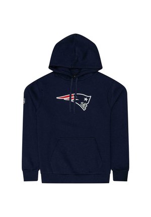 Navyblauer Pullover-Hoodie aus Baumwollmischung, mit einer vorderen Kängurutasche und einem gestickten rot-blauen Logo. Verstellbare Kordelzugkapuze.