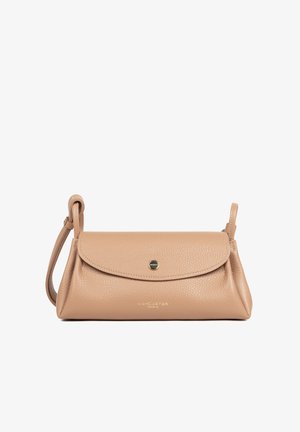 Beige leather Lancaster Paris shoulder bag with flap and snap button closure, textured surface, and adjustable strap.