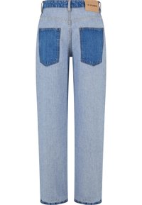 Light blue denim jeans with straight leg cut, featuring two back pockets in darker blue denim, and a leather tag at the waist.