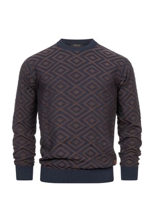 Pullover sweater i mørkebrun med et geometrisk mønster, der har diamanter. Ribkanter ved ærmer og kant, rund halsudskæring, blød tekstur.