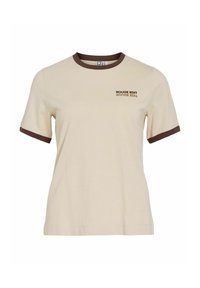 T-shirt in cotone beige con colletto a girocollo e polsini delle maniche in costina marrone. Presenta il testo "ROUGE EDIT" in marrone sul petto sinistro.