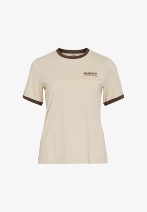 Beige puuvillane t-särk pruunide soonikutega ümarate kaeluste ja varrukate äärtega. Vasakul rinnal on pruuni värvi kiri "ROUGE EDIT".