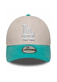 Verstellbare Jugendkappe mit einer hellbeigen Krone, aqua-farbigem Schirm und besticktem "LA"-Logo. Strukturiertes Material mit einer stabilen Form.