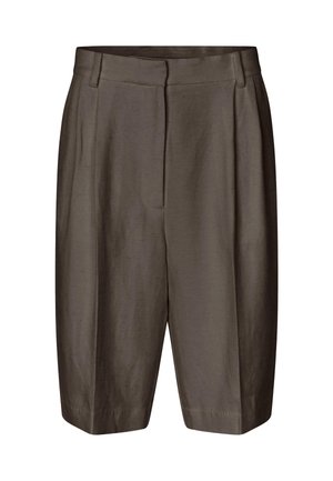 Dunkelgraue, hochgeschnittene Shorts aus glattem Stoff. Verfügt über einen weit geschnittenen Beinausschnitt und ein gefälteltes Design. Knielang mit einem sauberen, minimalistischen Finish.