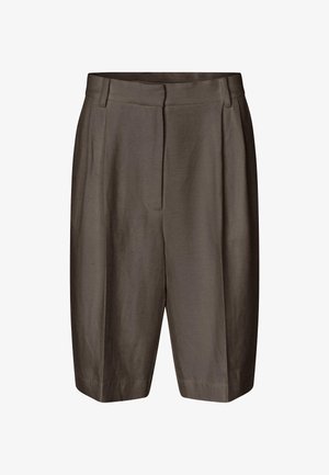 Temno sivi kratki hlače z visoko pasom, izdelane iz gladkega materiala. Imajo široko nogavico in nabran dizajn. Dolžina do kolen z čistim, minimalističnim zaključkom.