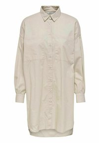Helle beige Langarmbluse mit einer Knopfleiste, Kragen und Puffärmeln. Verfügt über zwei Brusttaschen und einen abgerundeten Saum.