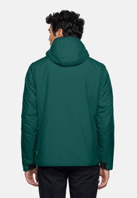 Türkise isolierte Jacke mit Kapuze, Rückansicht. Verfügt über eine gepolsterte Textur, elastische Bündchen und eine teilweise verdeckte Reißverschlusstasche. Minimalistisches Design.