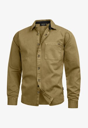 Khaki langærmet skjorte i robust stof med knap-ned krave, forlommer og synlig søm. Standard pasform med en glat tekstur.