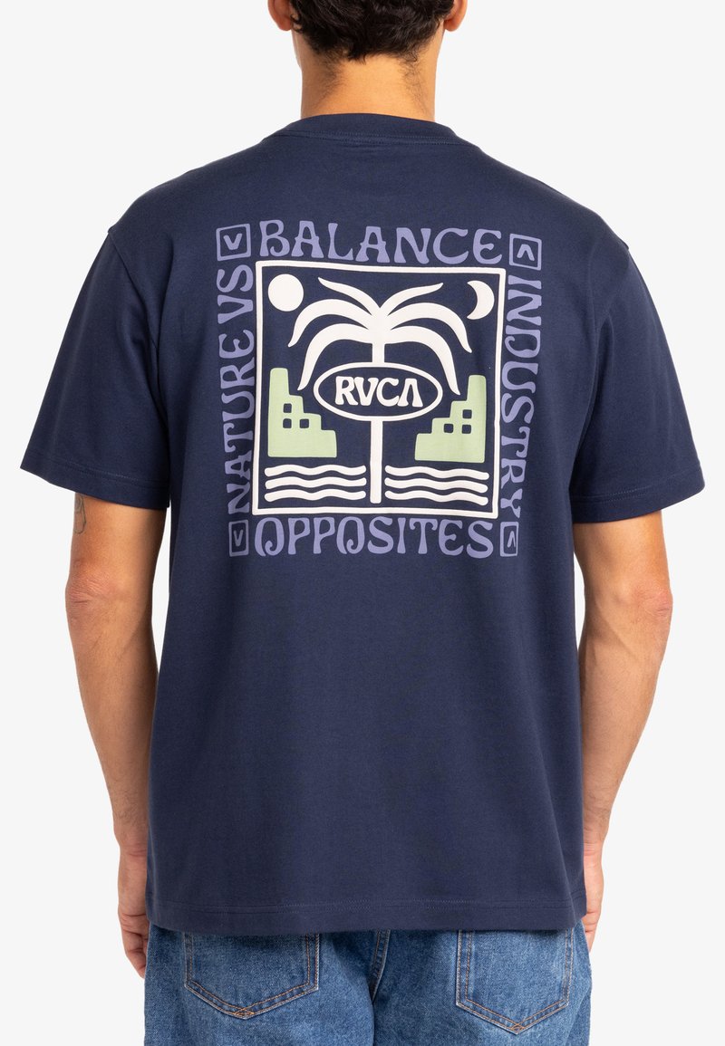 Navy blue cotton t-shirt featuring a block graphic on the back with palm trees and geometric shapes in green and white. Standard fit.