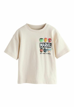 Béžové bavlnené tričko s logom Marvel a šiestimi animovanými tvárami postáv, krátkymi rukávmi, okrúhlym výstrihom a voľným strihom.