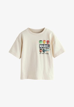 Bež pamučna majica kratkih rukava s Marvel logotipom i šest animiranih lica likova, okruglim izrezom i opuštenim krojem.